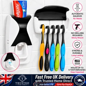 Automatic Toothpaste Dispenser Wall Mounted 5 Slot Toothbrush Holder No Drill